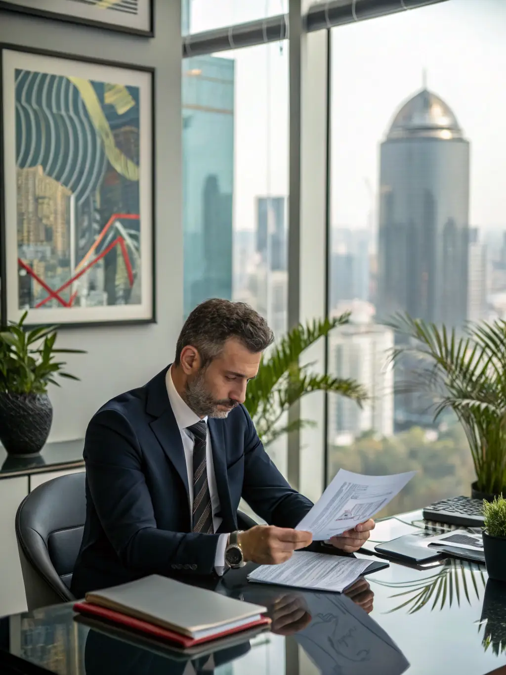 A professional businessman confidently reviewing financial documents in a modern office setting, representing the careful consideration involved in loan applications.